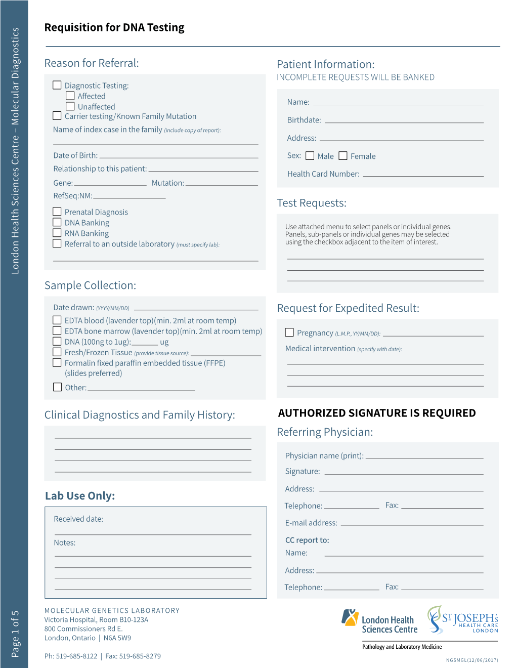 Requisition for DNA Testing Reason for Referral: Sample Collection