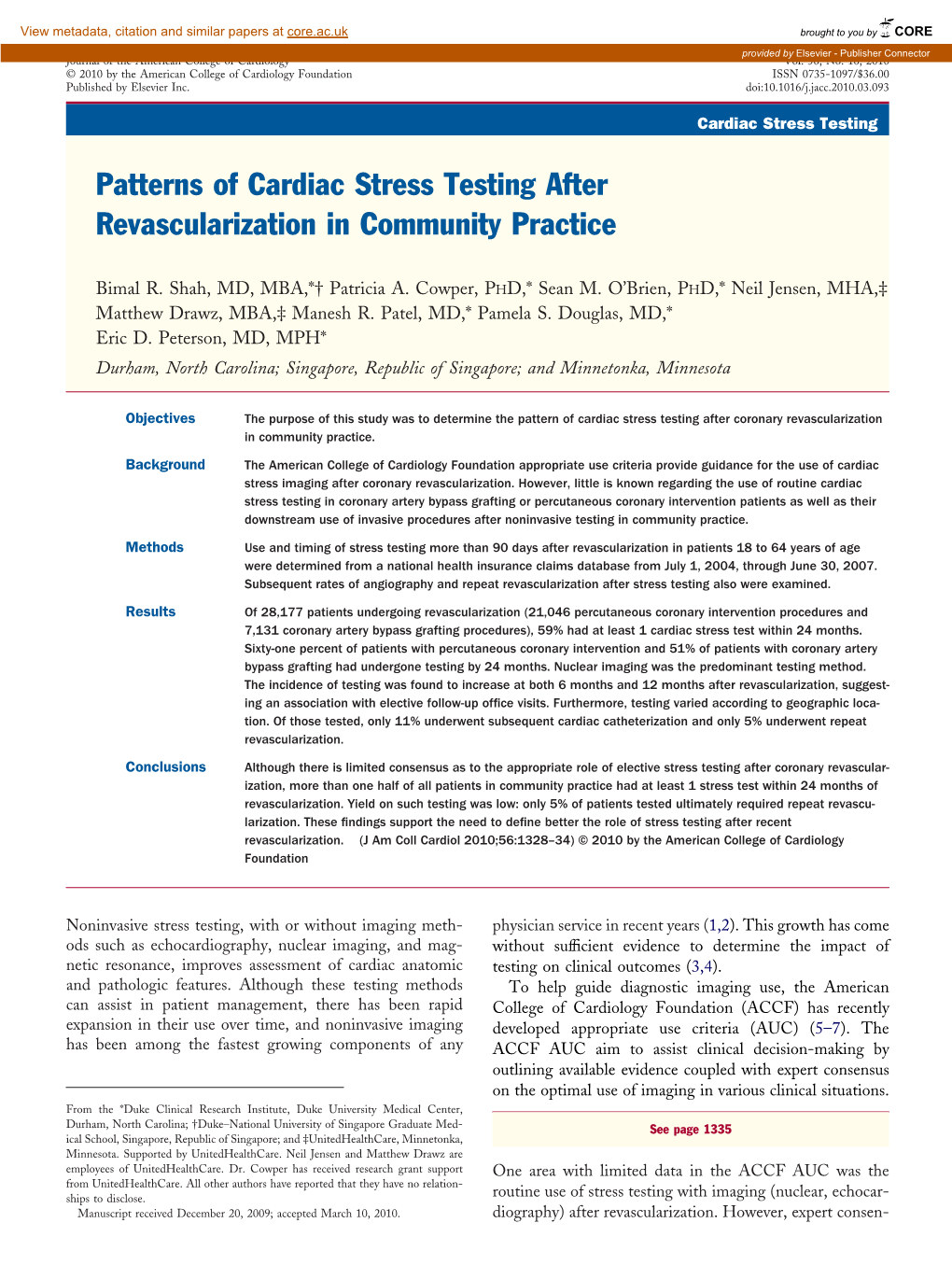 Patterns of Cardiac Stress Testing After Revascularization in Community Practice
