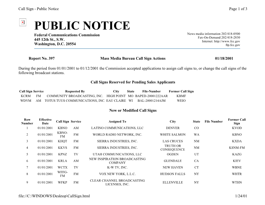 Public Notice Page 1 of 3 PUBLIC NOTICE Federal Communications Commission News Media Information 202/418-0500 Fax-On-Demand 202/418-2830 445 12Th St., S.W