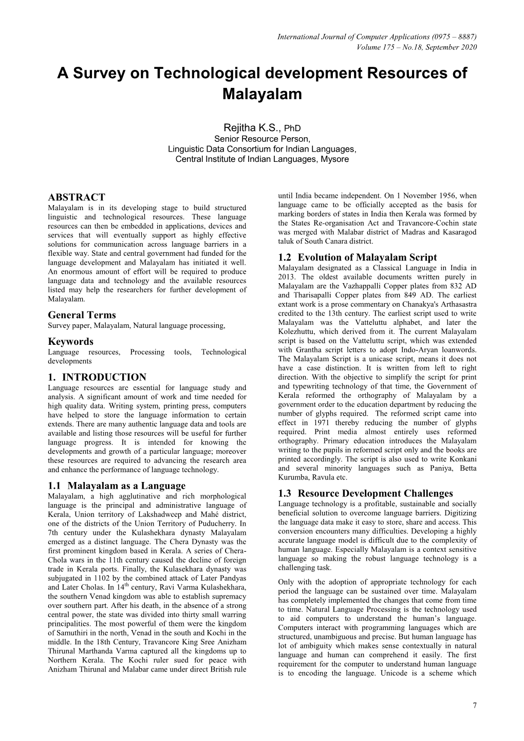 A Survey on Technological Development Resources of Malayalam