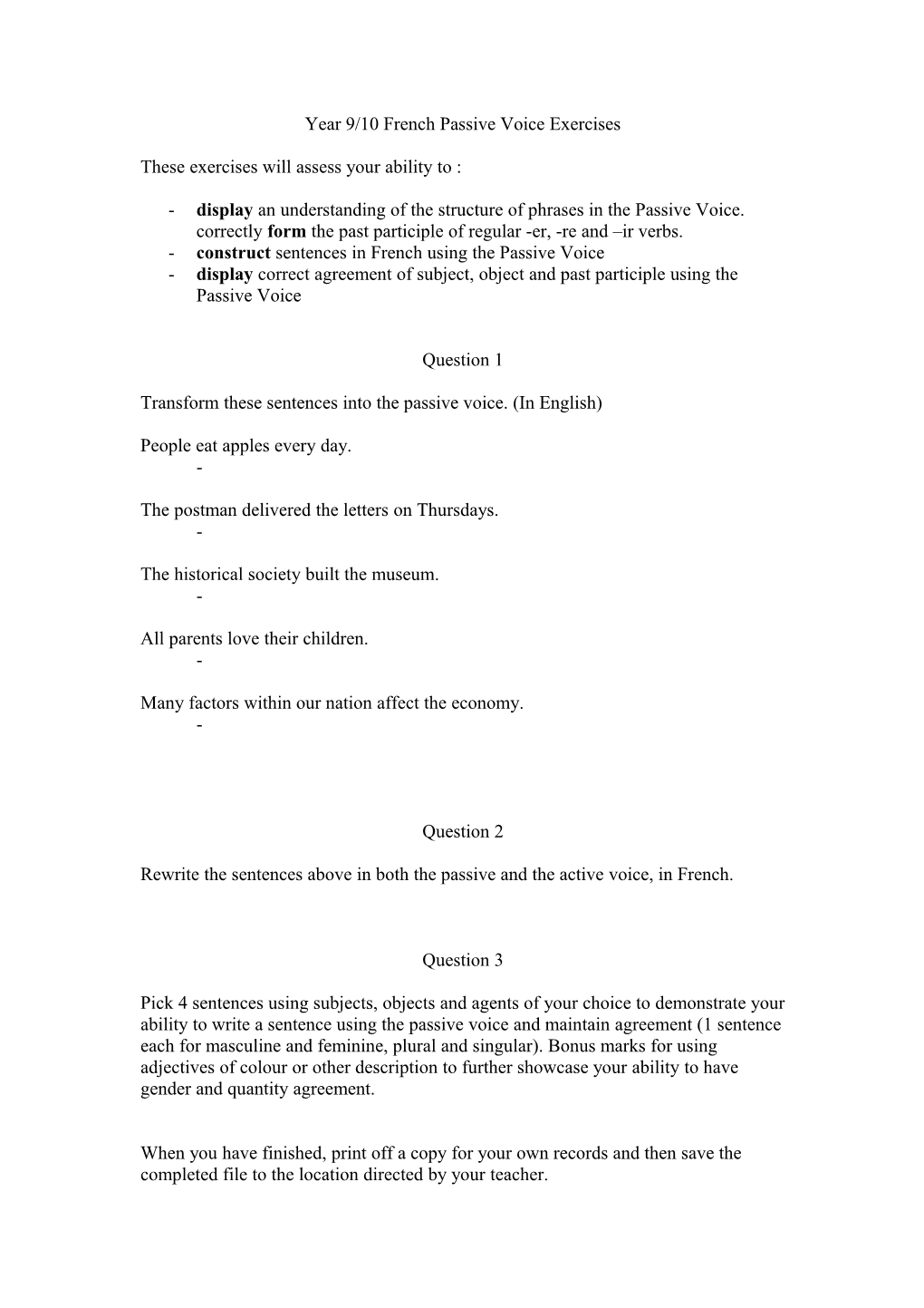 Year 9/10 French Passive Voice Exercises