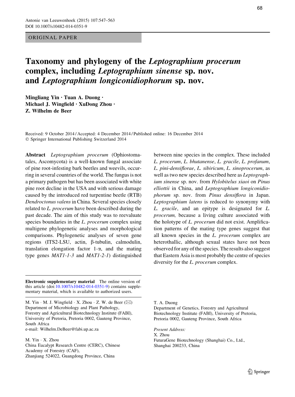 Leptographium Sensu Lato