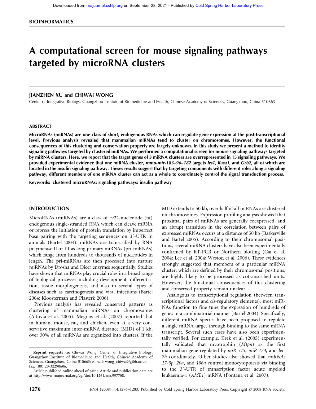 A Computational Screen for Mouse Signaling Pathways Targeted by Microrna Clusters