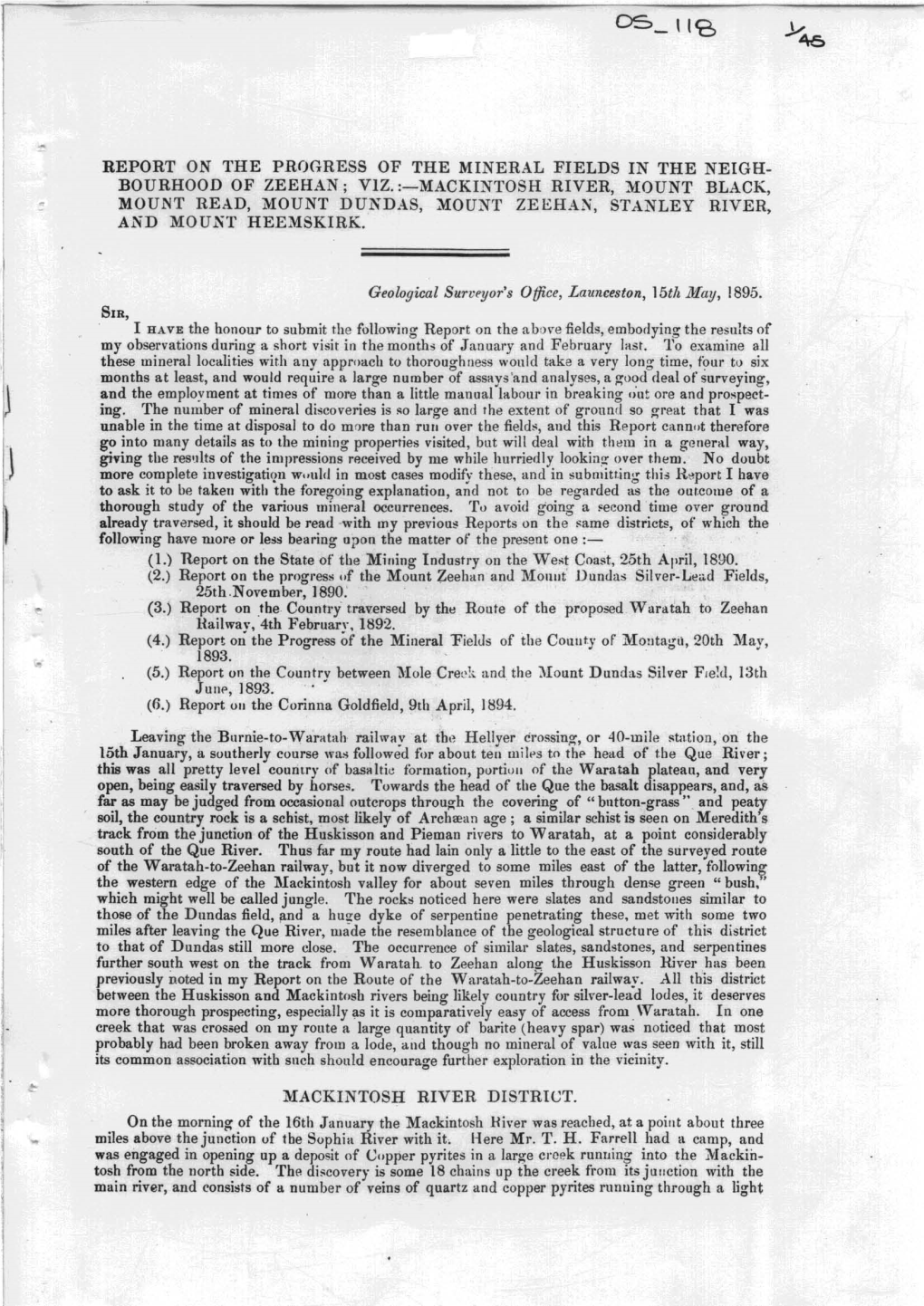 BOURHOOD of ZEEHAN; VIZ. :-MACKINTOSH RIVER, MOUNT BLACK, MOUNT READ, MOUNT DUNDAS, MOUNT Zeehal'i', STANLEY RIVER, and MOUNT HEEMSKIRK