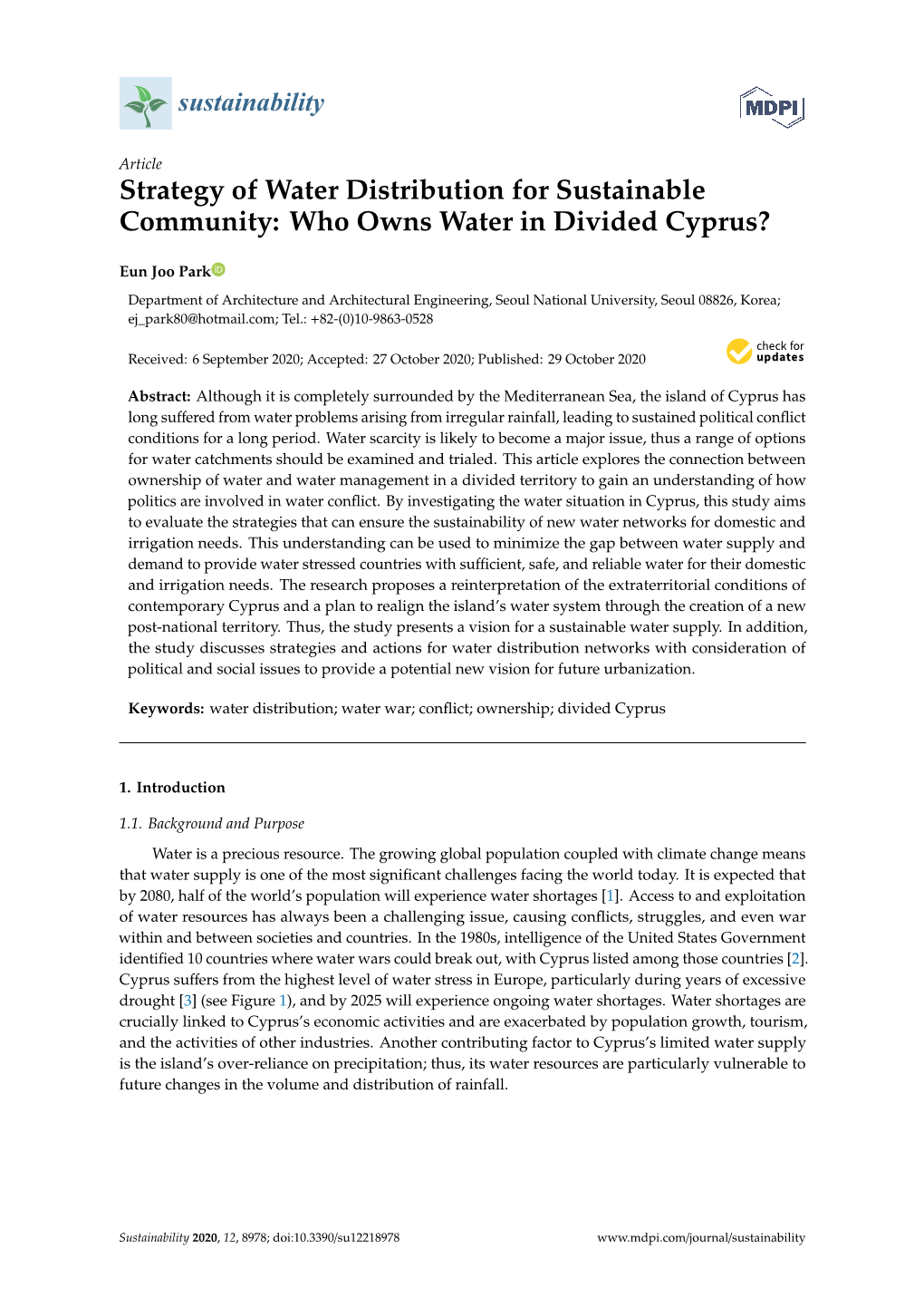 Strategy of Water Distribution for Sustainable Community: Who Owns Water in Divided Cyprus?