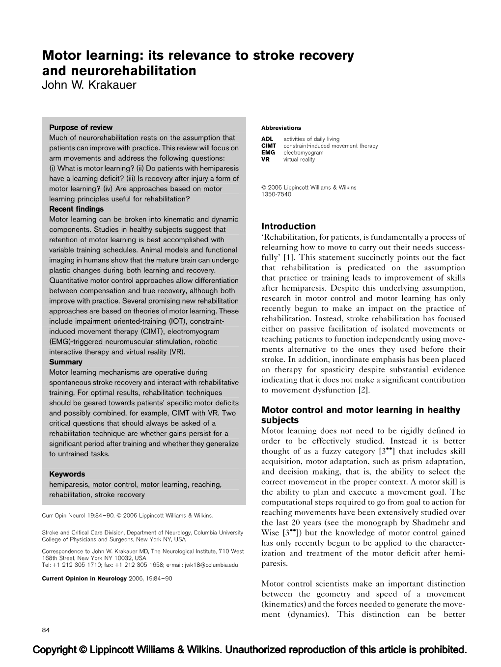 Motor Learning: Its Relevance to Stroke Recovery and Neurorehabilitation John W