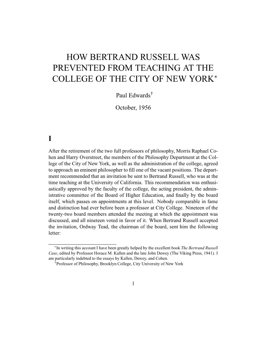 How Bertrand Russell Was Prevented from Teaching at the College of the City of New York