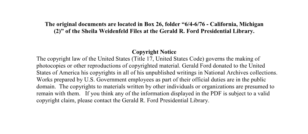 California, Michigan (2)” of the Sheila Weidenfeld Files at the Gerald R