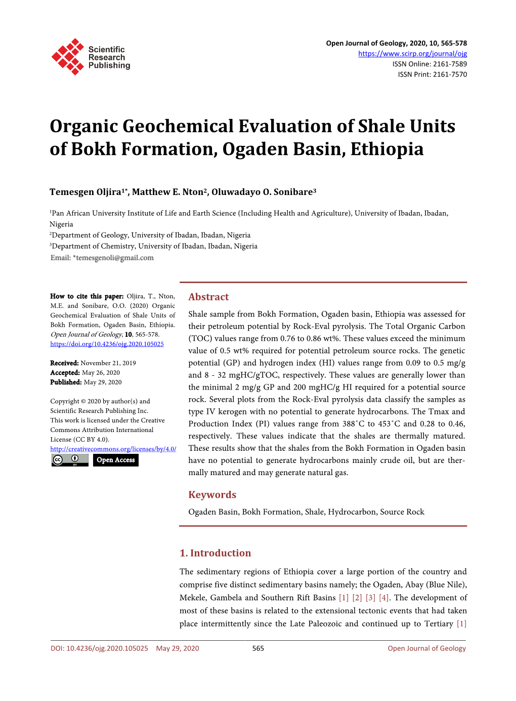 Organic Geochemical Evaluation of Shale Units of Bokh Formation, Ogaden Basin, Ethiopia