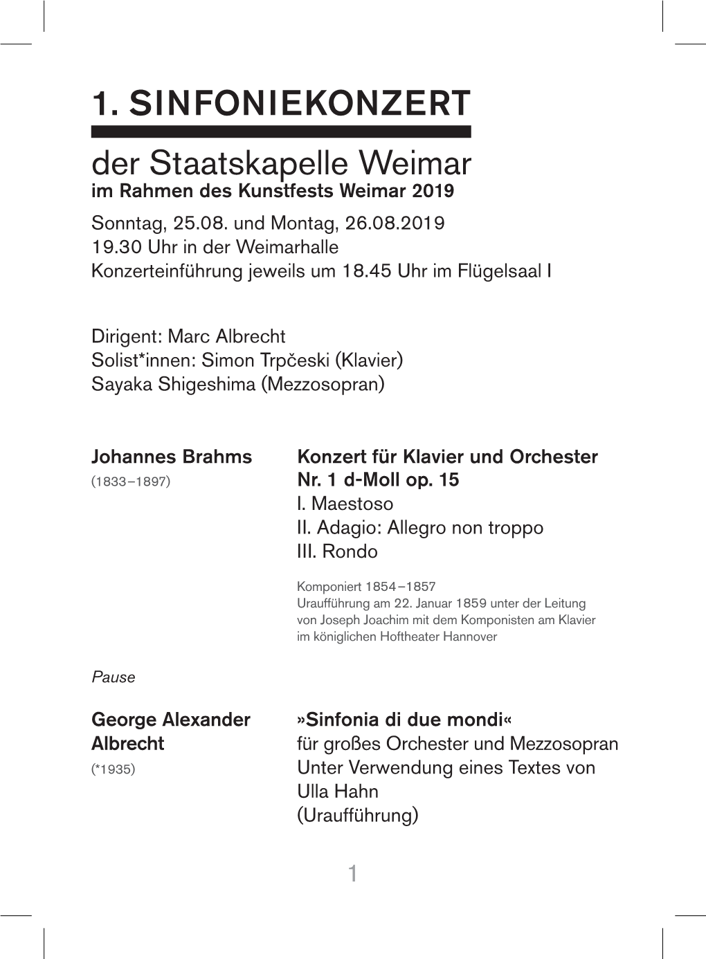 1. SINFONIEKONZERT Der Staatskapelle Weimar Im Rahmen Des Kunstfests Weimar 2019 Sonntag, 25.08