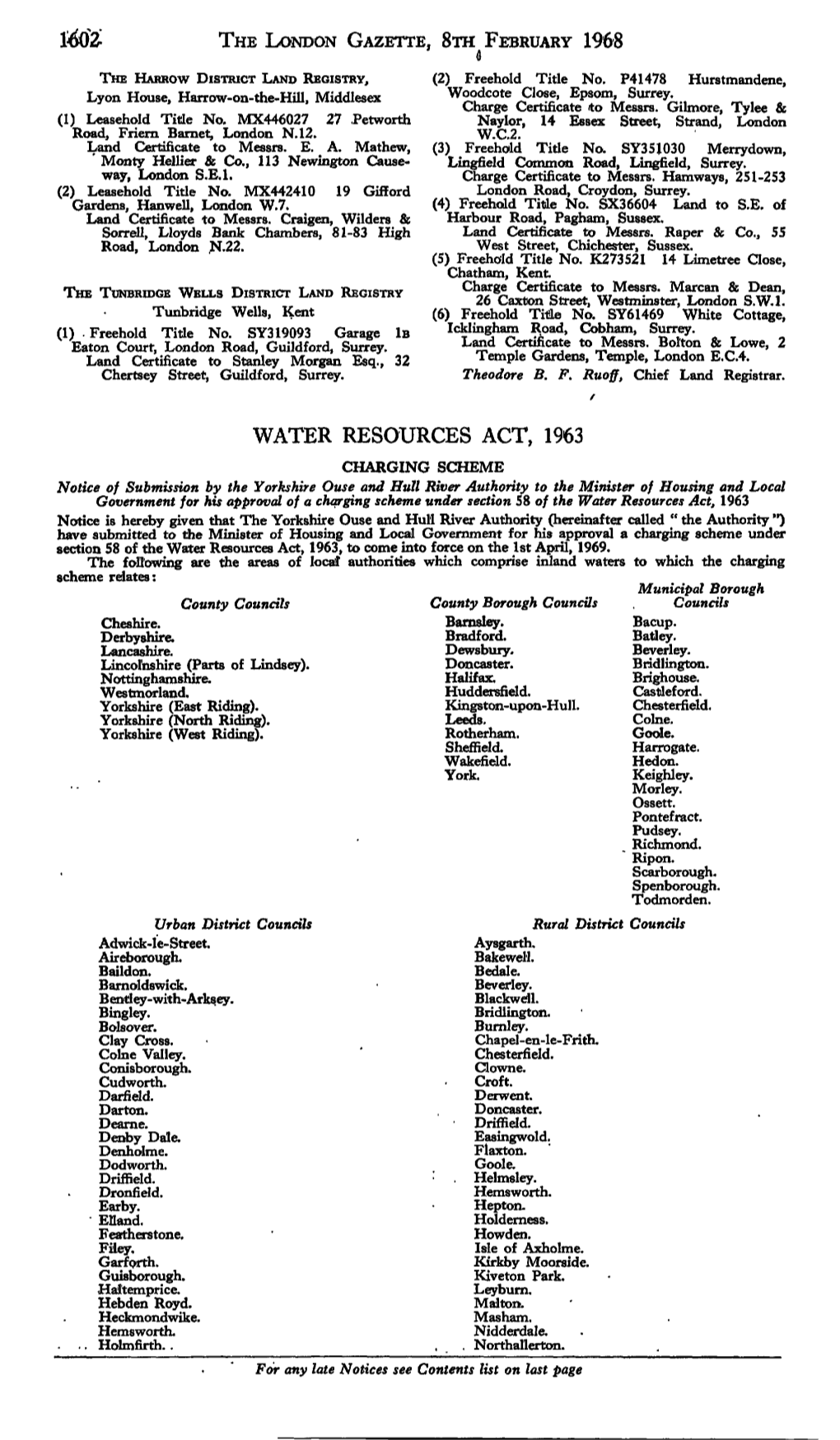 The London Gazette, Sth February 1968 Water Resources Act, 1963