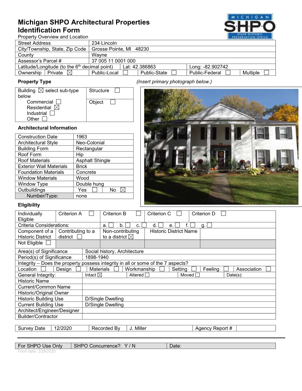 Michigan SHPO Architectural Properties Identification Form