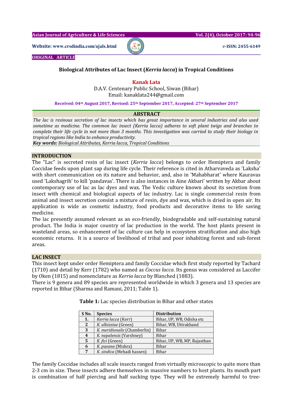 Biological Attributes of Lac Insect (Kerria Lacca) in Tropical Conditions