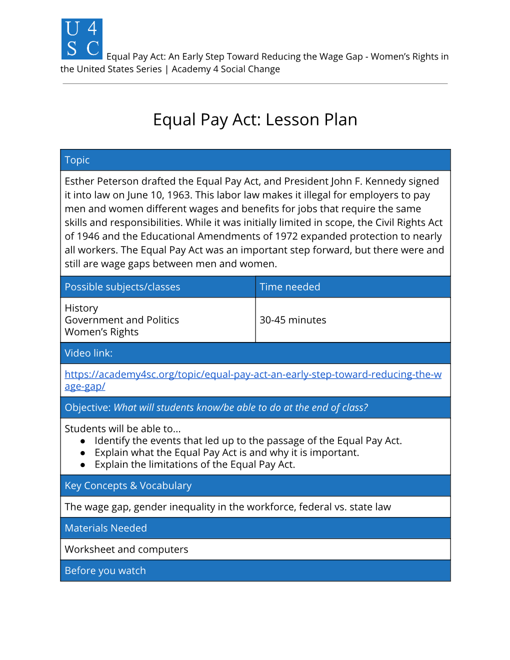 Equal Pay Act: Lesson Plan