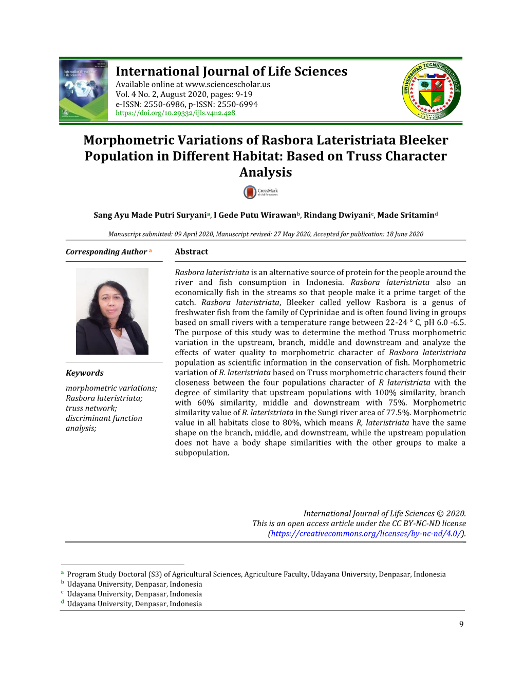 Morphometric Variations of Rasbora Lateristriata Bleeker Population in Different Habitat: Based on Truss Character Analysis