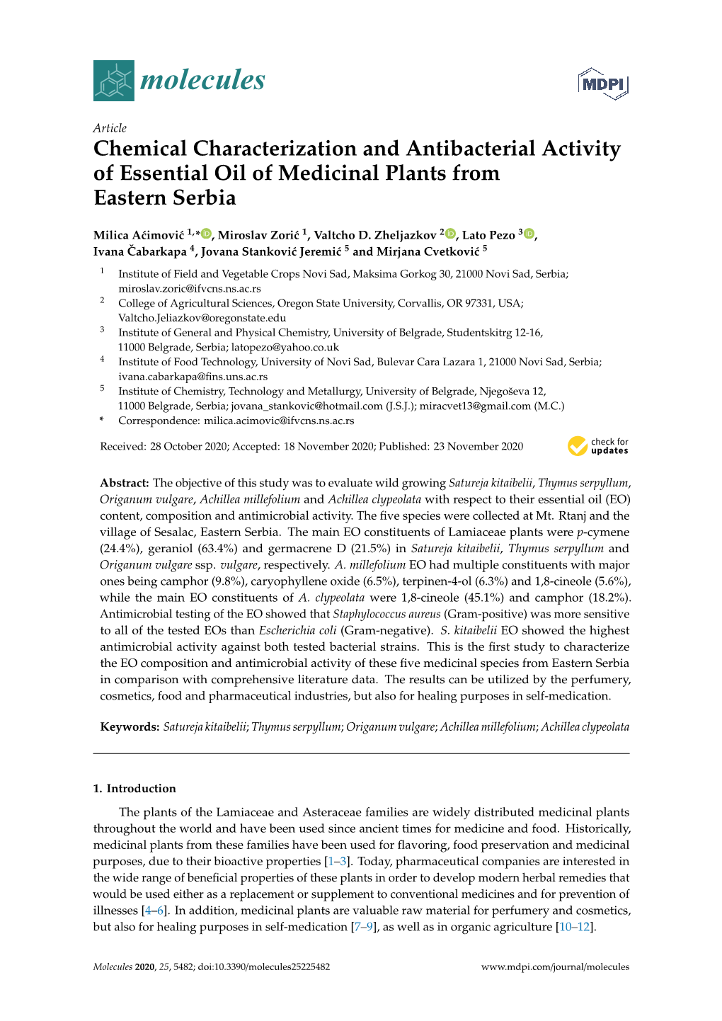 Chemical Characterization and Antibacterial Activity of Essential Oil of Medicinal Plants from Eastern Serbia