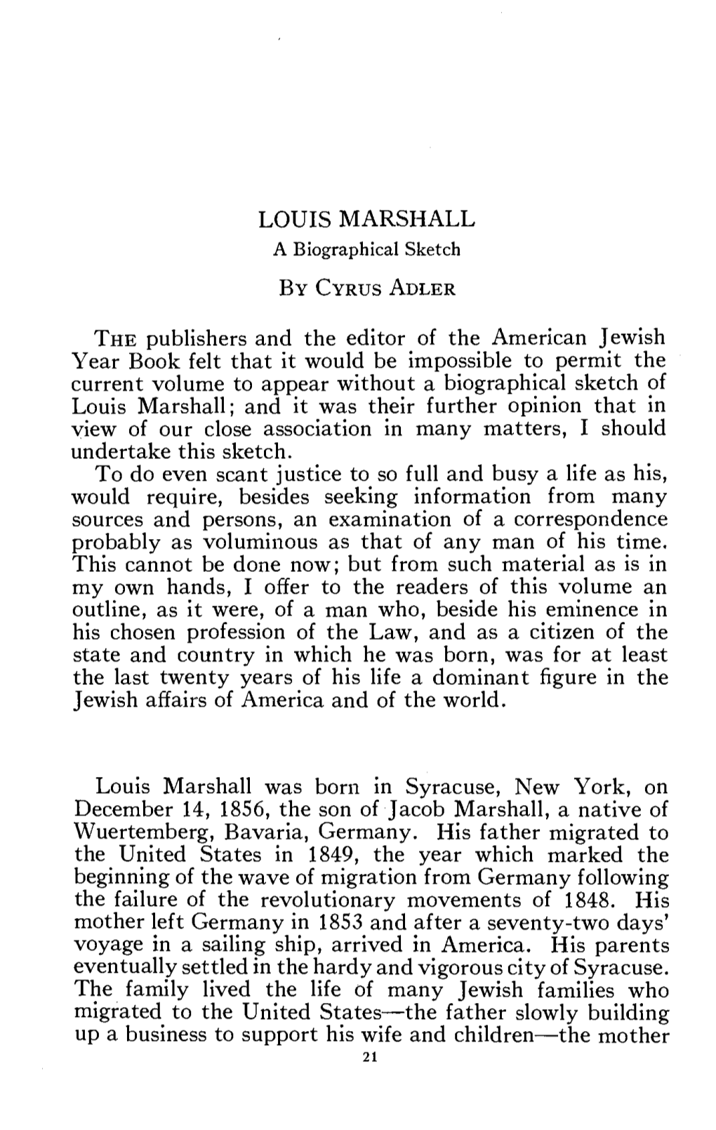 LOUIS MARSHALL a Biographical Sketch