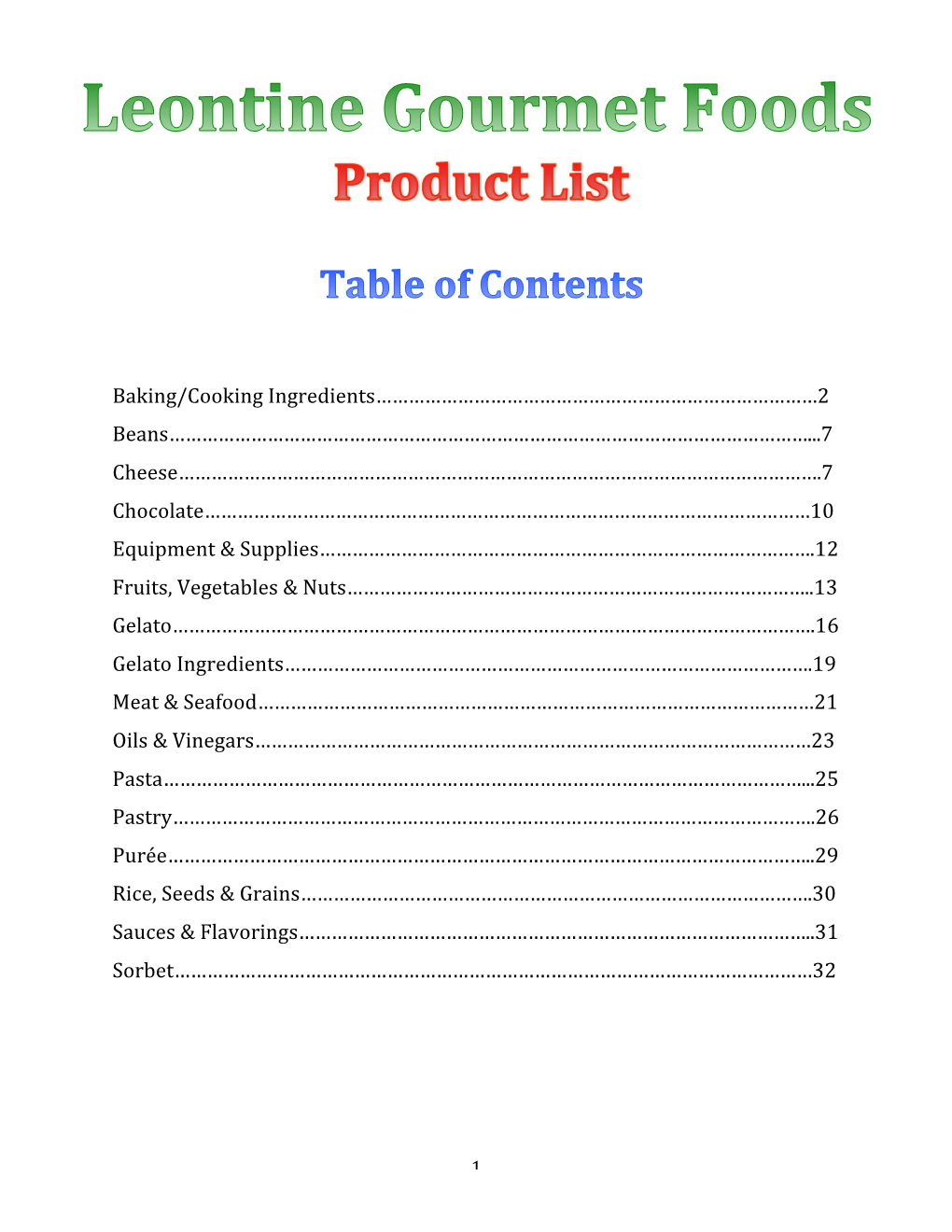 Leontine Gourmet Foods Product List