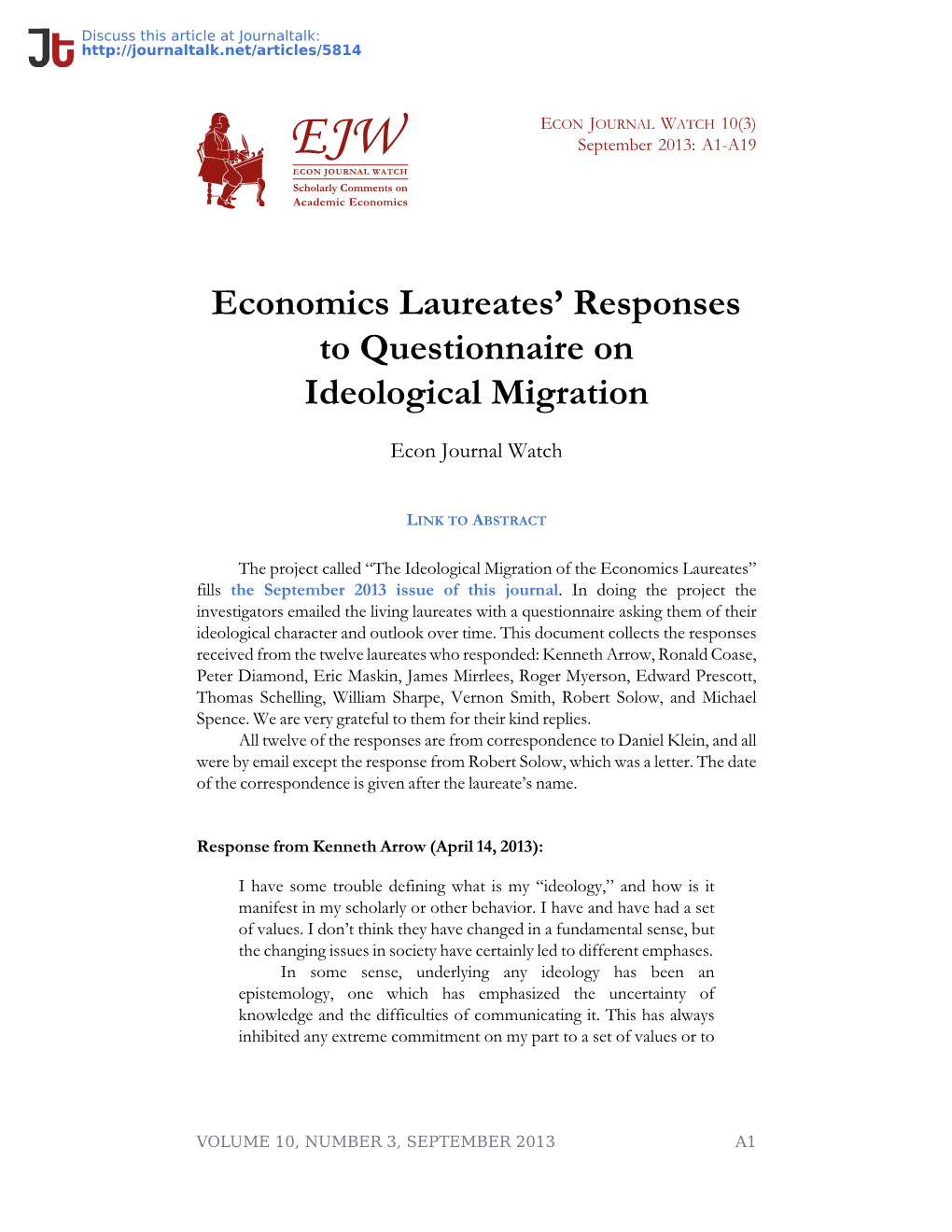 Economics Laureates' Responses to Questionnaire on Ideological Migration · Econ Journal Watch: Economists,Nobel Prize in Econ