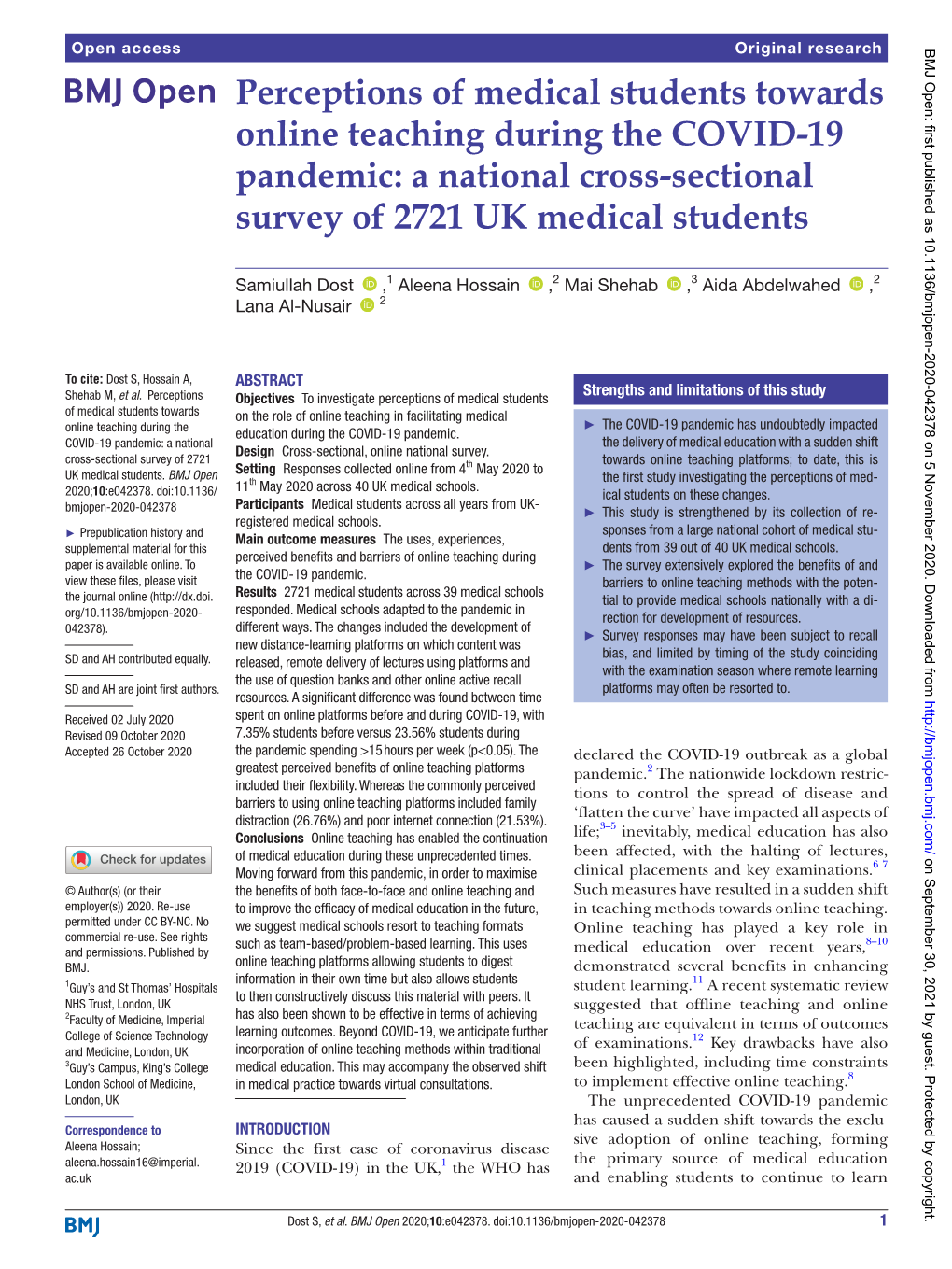 Perceptions of Medical Students Towards Online Teaching During the COVID-19 Pandemic: a National Cross-Sectional­ Survey of 2721 UK Medical Students