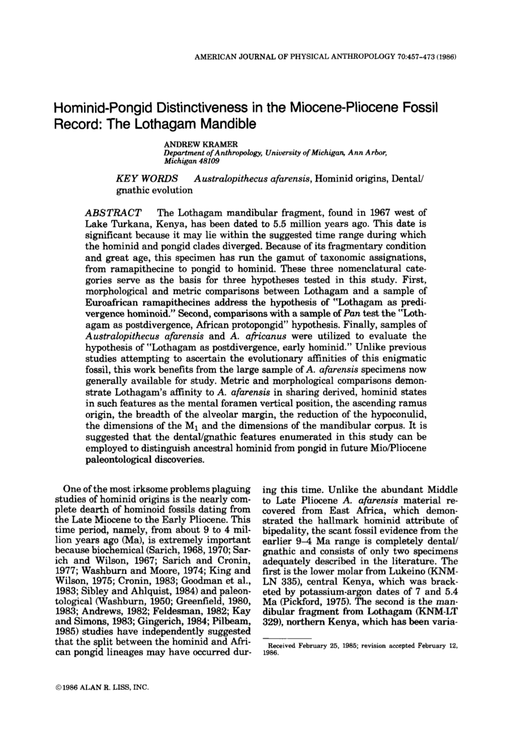 Hominid-Pongid Distinctiveness in the Miocene-Pliocene Fossil Record