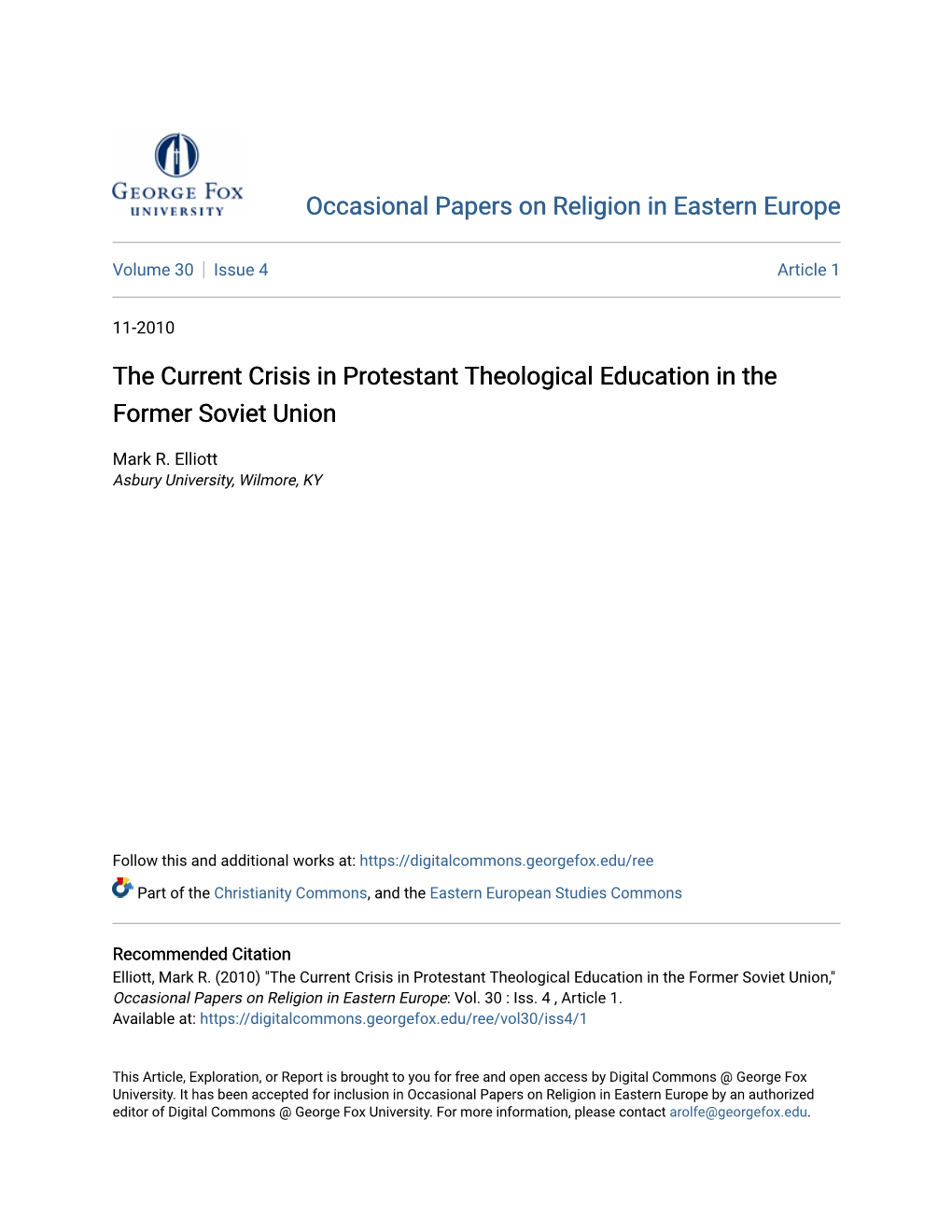 The Current Crisis in Protestant Theological Education in the Former Soviet Union