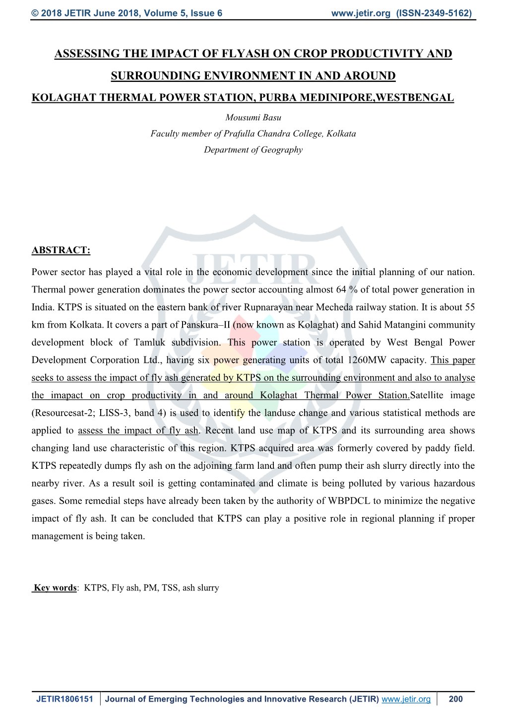 Assessing the Impact of Flyash on Crop Productivity and Surrounding Environment in and Around Kolaghat Thermal Power Station, Purba Medinipore,Westbengal