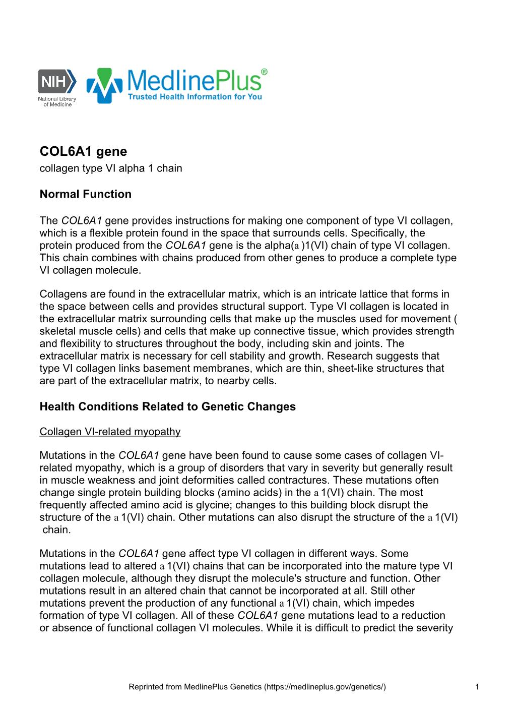 COL6A1 Gene Collagen Type VI Alpha 1 Chain