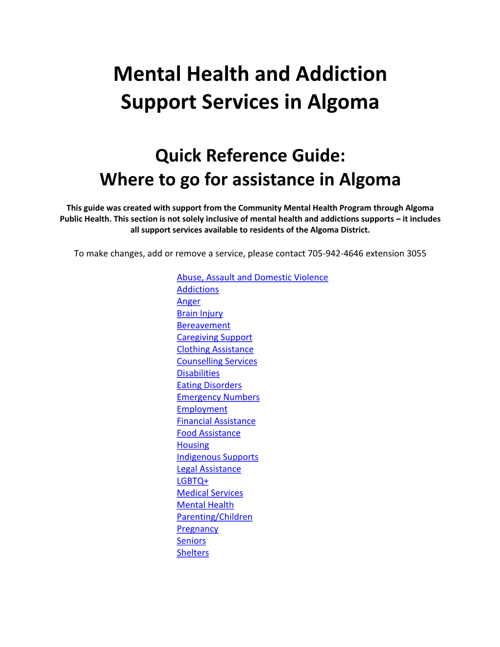 Mental Health and Addiction Support Services in Algoma