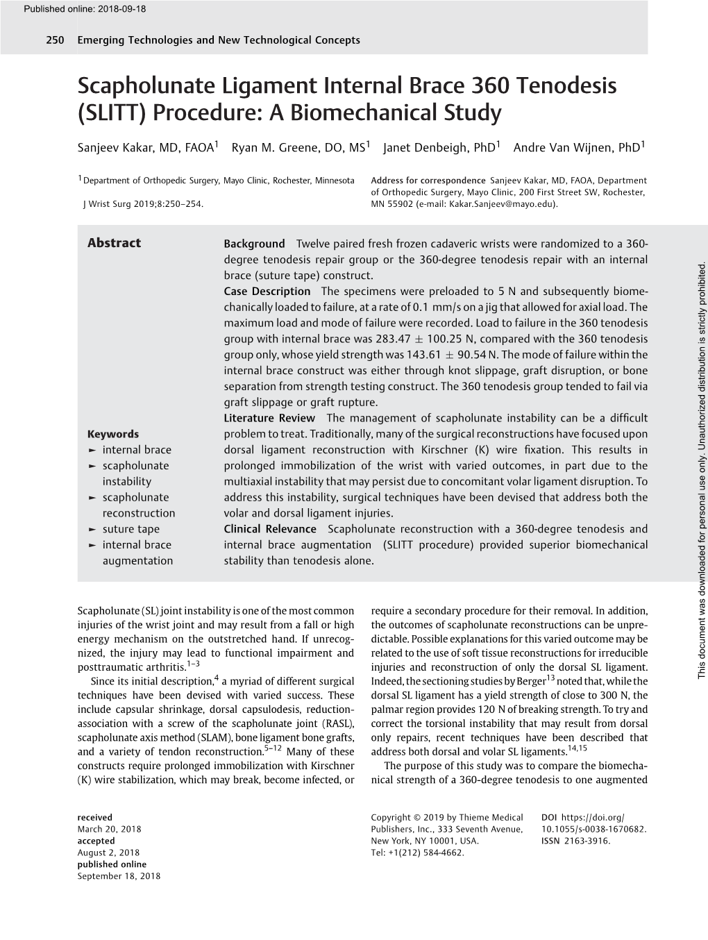 Scapholunate Ligament Internal Brace 360 Tenodesis (SLITT) Procedure: a Biomechanical Study