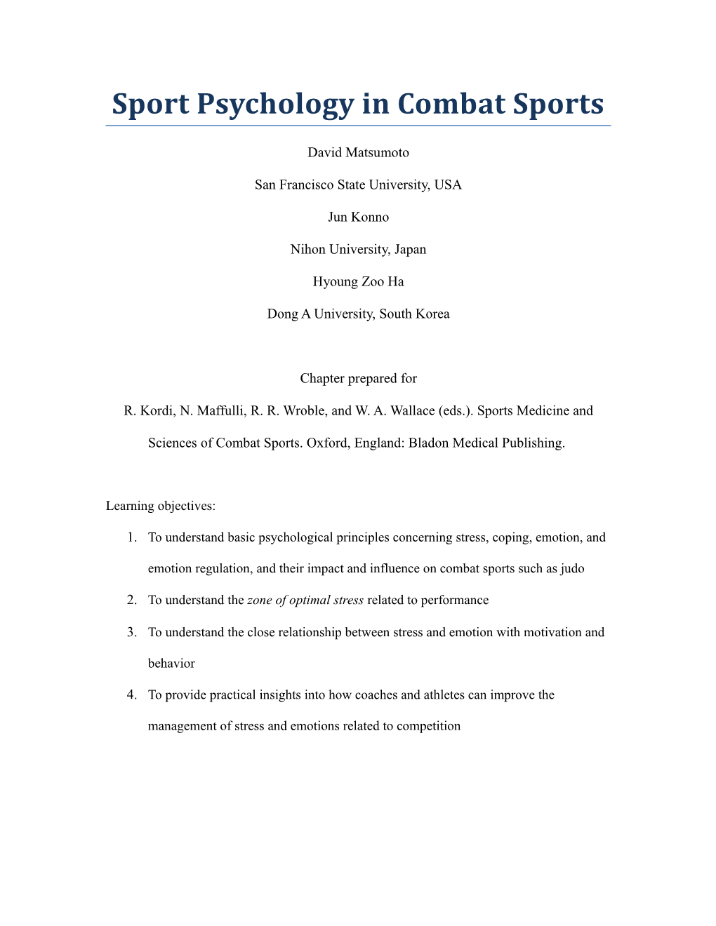 Sport Psychology in Combat Sports