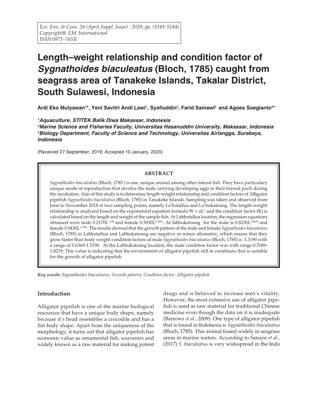 Length–Weight Relationship and Condition Factor of Sygnathoides