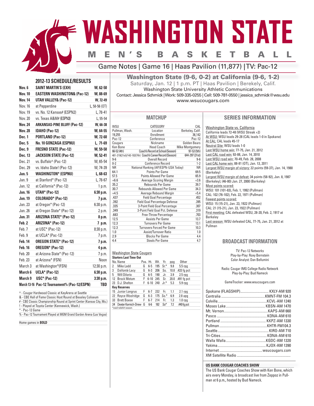 1-12-13 WSU MBB Vs CAL Game Notes.Indd