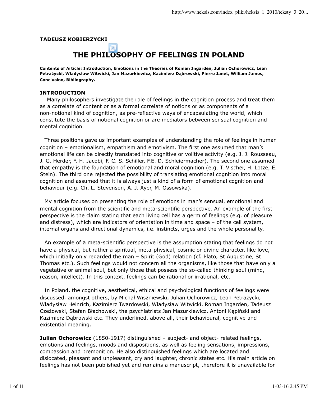 The Philosophy of Feelings in Poland
