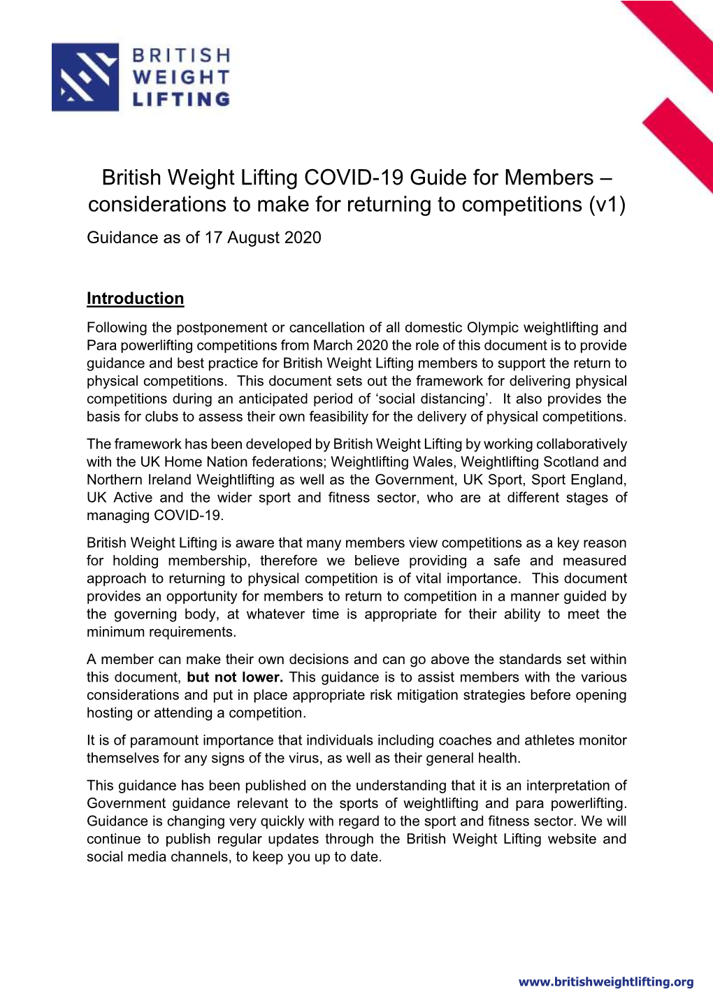 British Weight Lifting COVID-19 Guide for Members – Considerations to Make for Returning to Competitions (V1) Guidance As of 17 August 2020