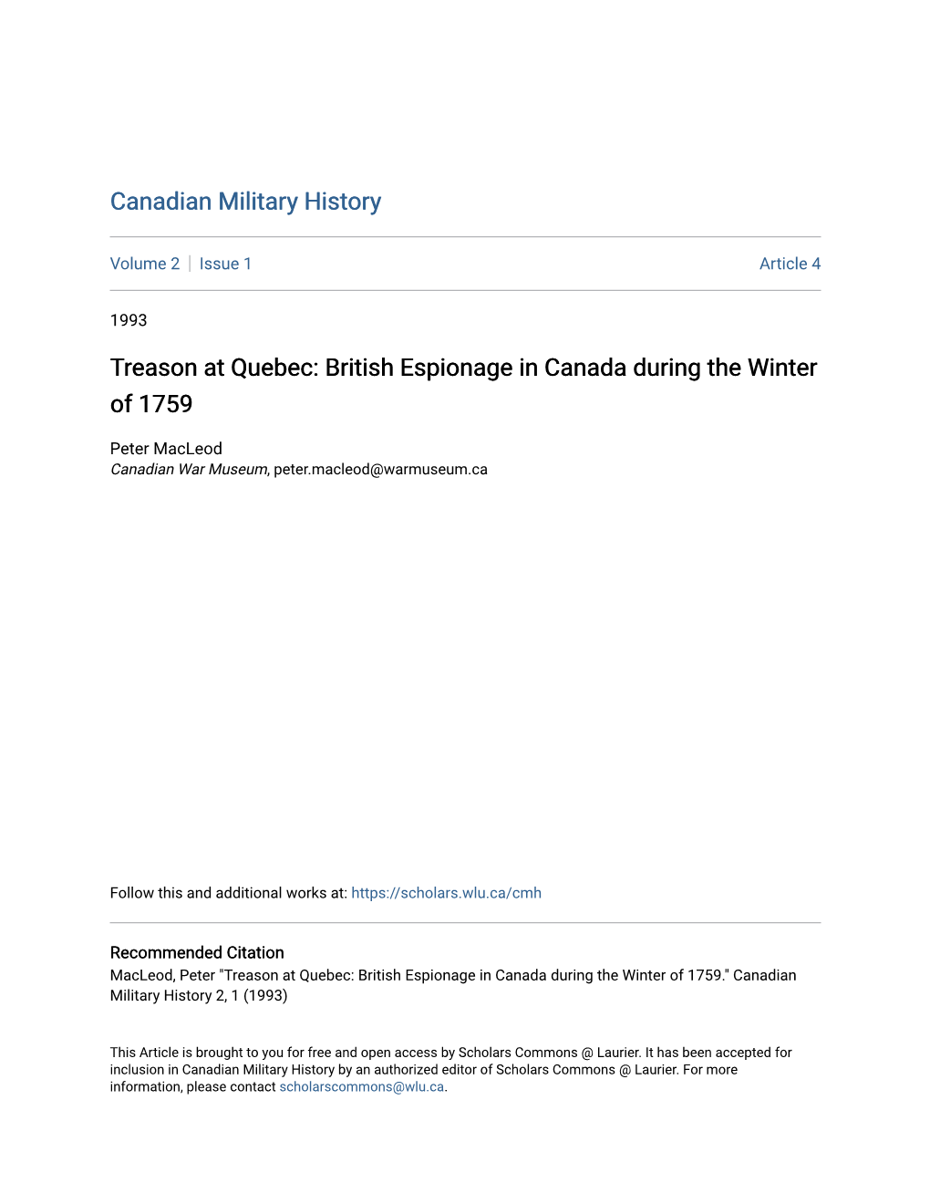 Treason at Quebec: British Espionage in Canada During the Winter of 1759
