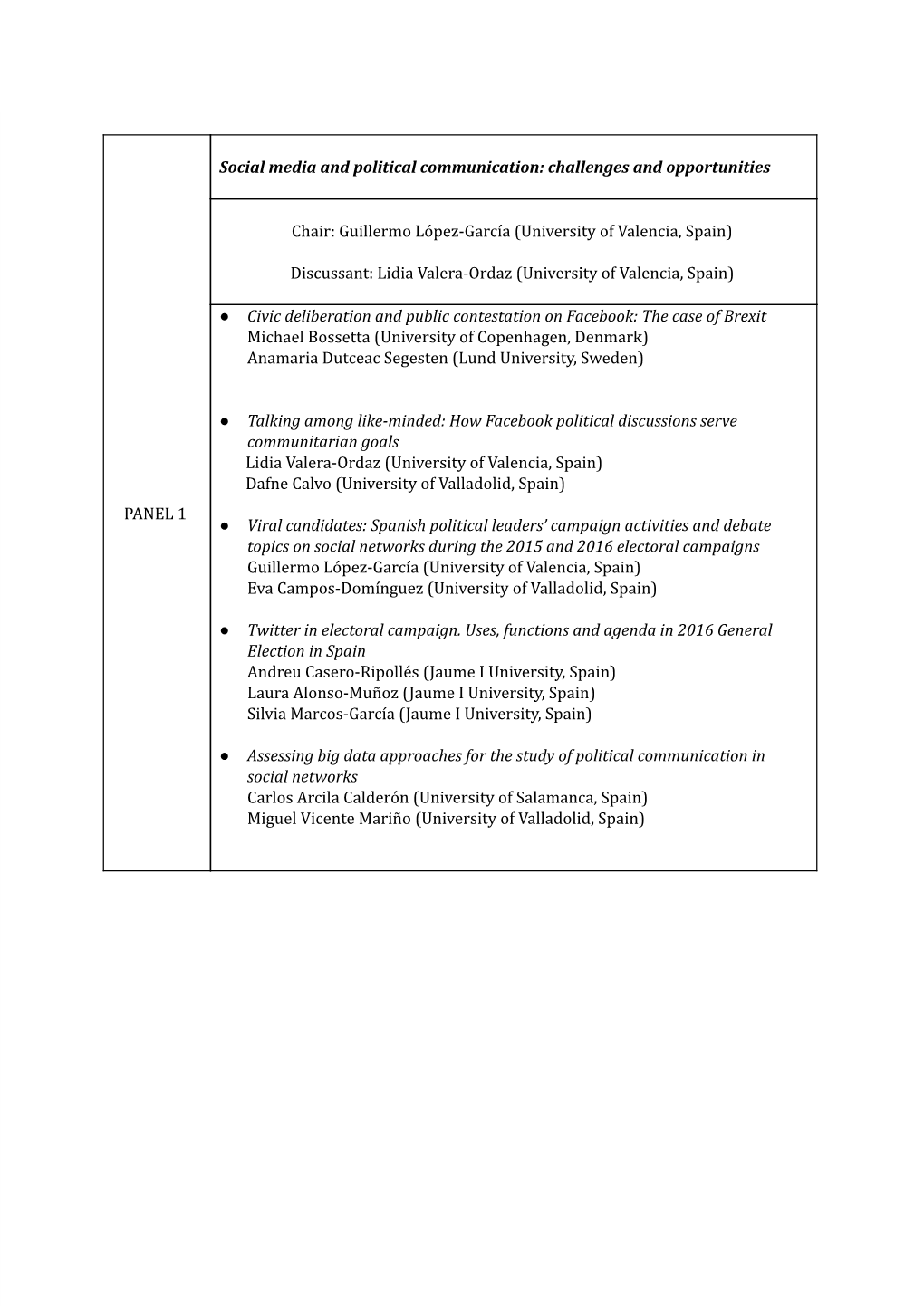 PANEL 1 Social Media and Political Communication