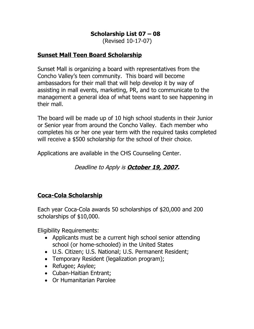 Sunset Mall Teen Board Scholarship