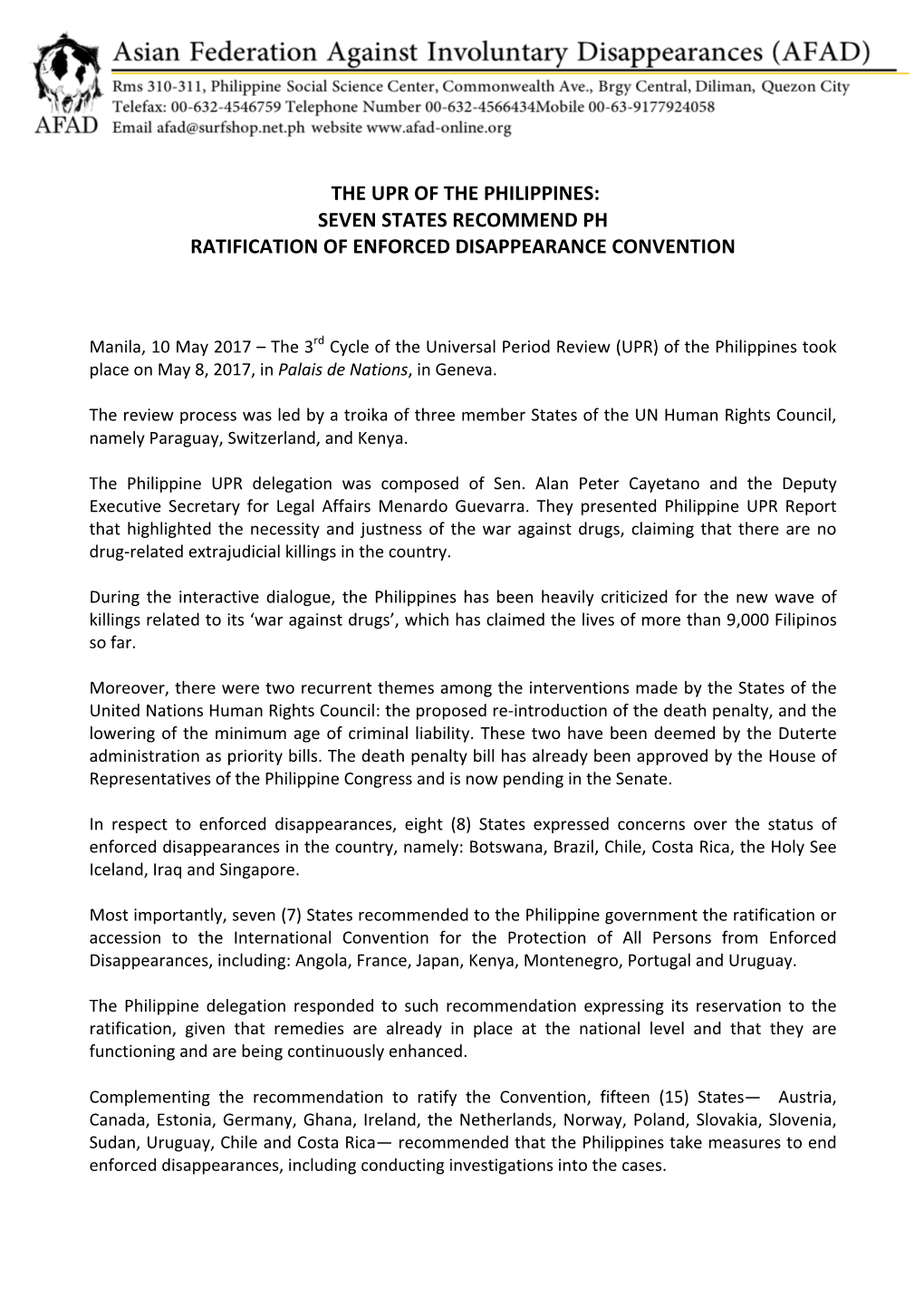 The Upr of the Philippines: Seven States Recommend Ph Ratification of Enforced Disappearance Convention