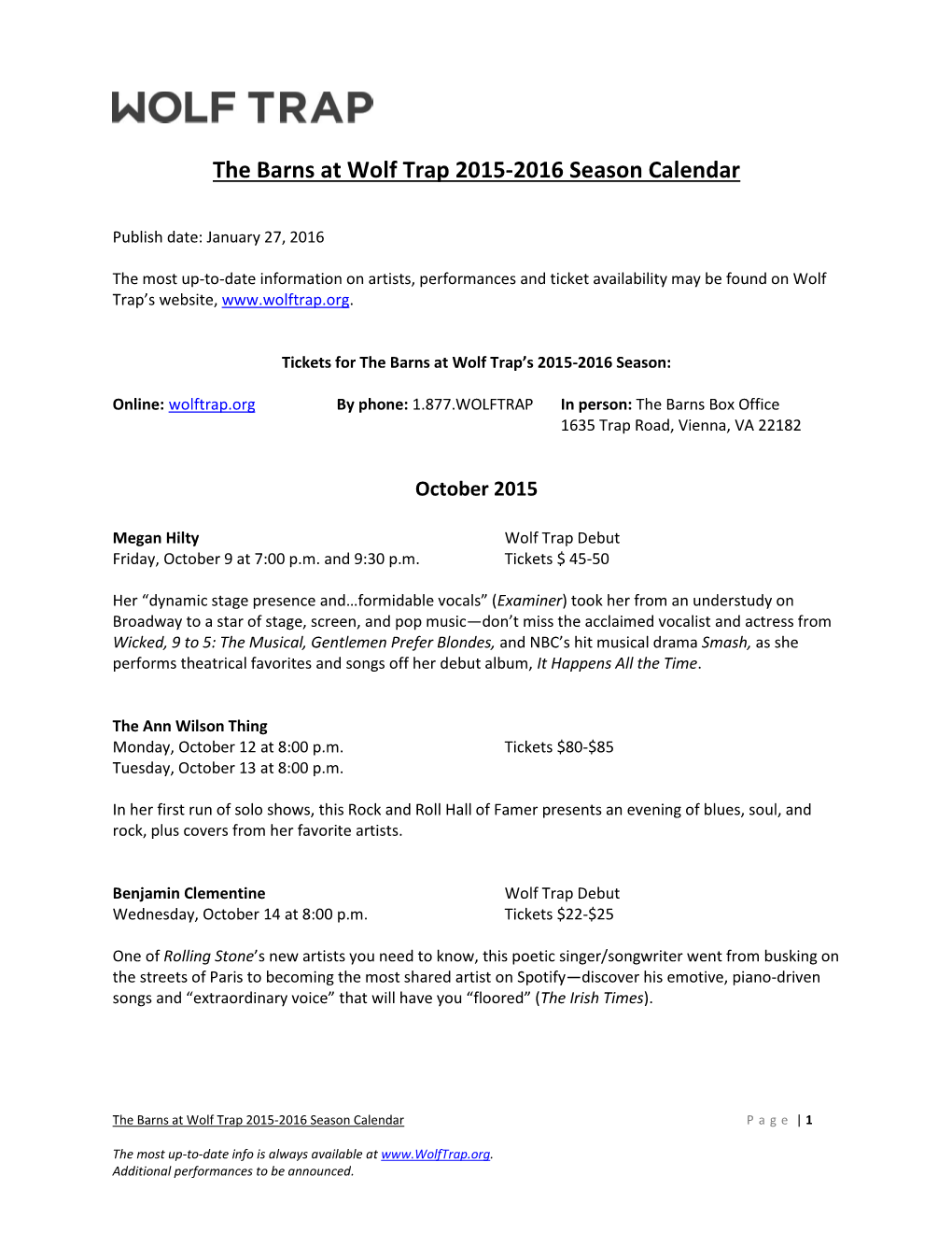 The Barns at Wolf Trap 2015-2016 Season Calendar