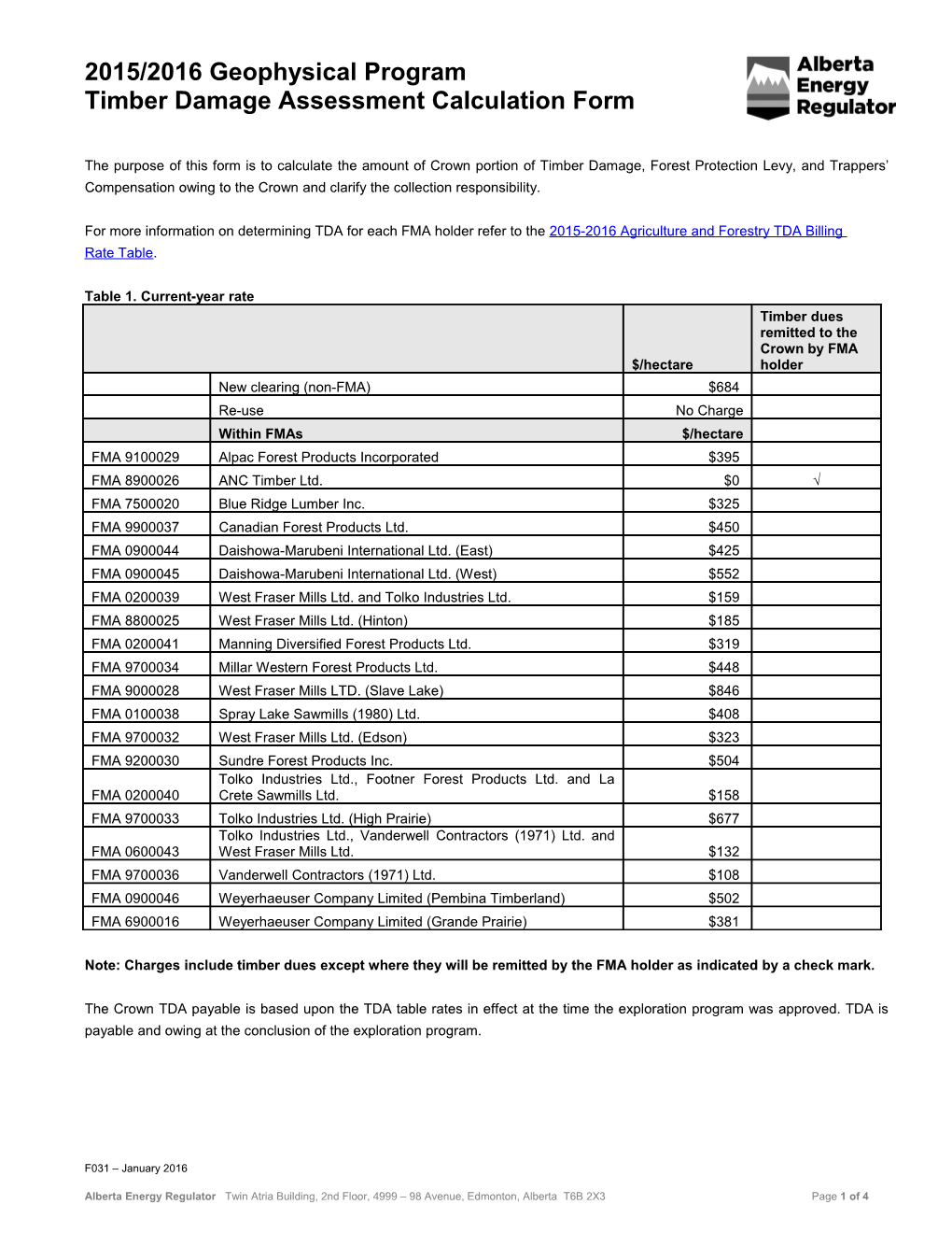 2015/16 Geophysical Program Timber Damage Assessment Calculation