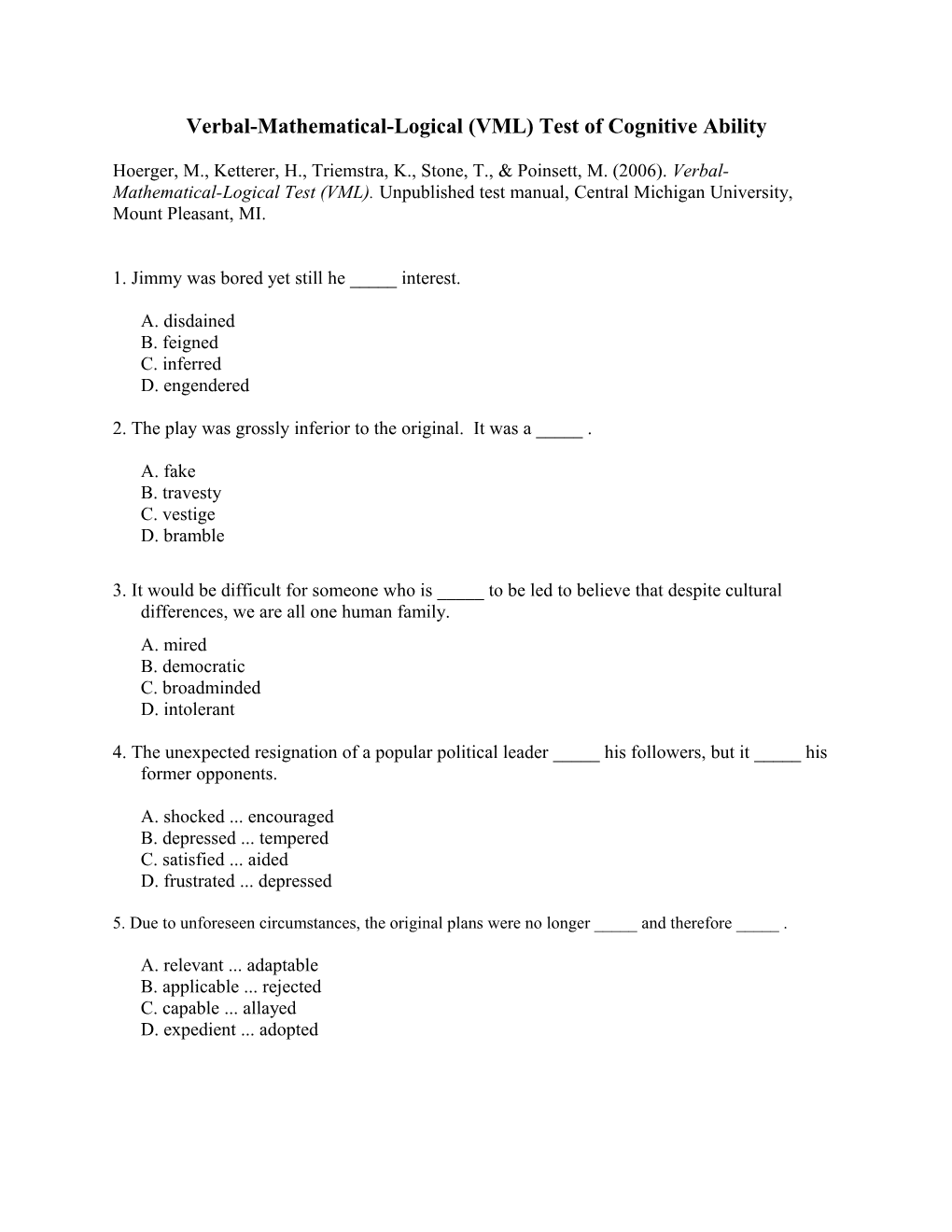 Verbal-Mathematical-Logical (VML) Test of Cognitive Ability