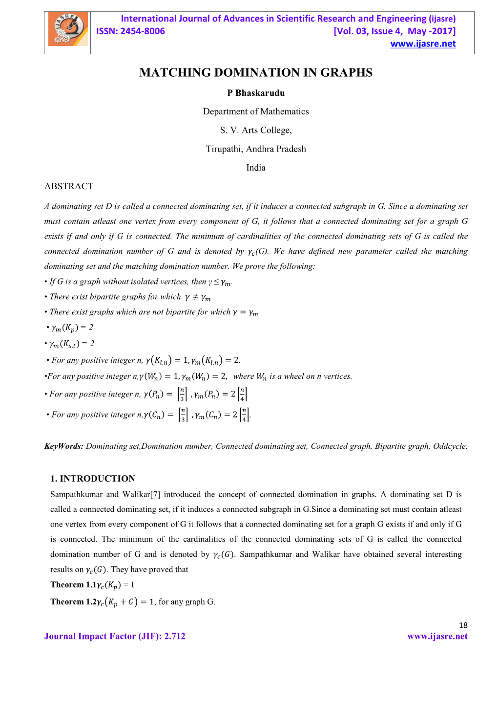 MATCHING DOMINATION in GRAPHS P Bhaskarudu Department of Mathematics S