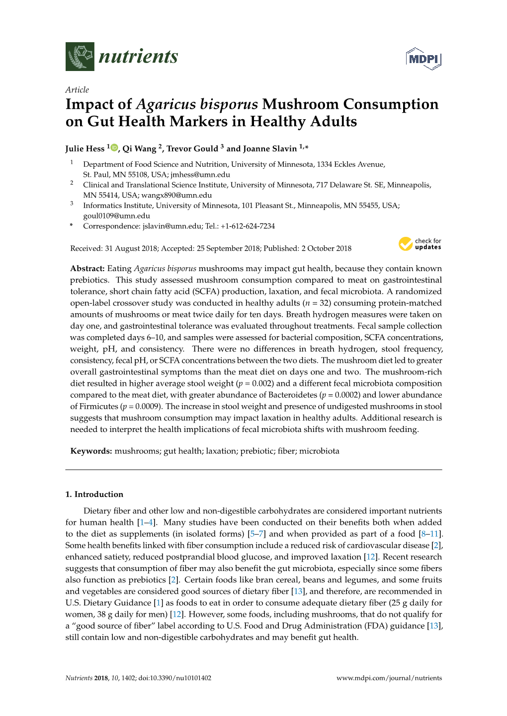 Mushroom Consumption on Gut Health Markers in Healthy Adults