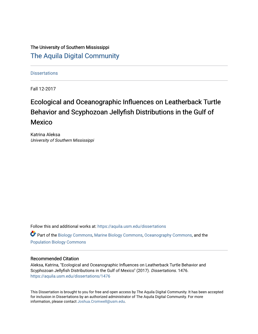 Ecological and Oceanographic Influences on Leatherback Turtle