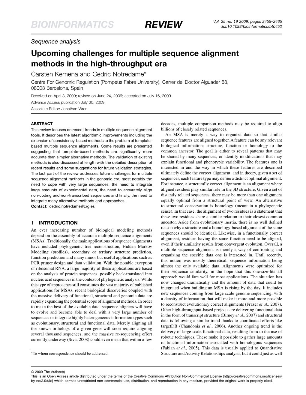 BIOINFORMATICS REVIEW Doi:10.1093/Bioinformatics/Btp452