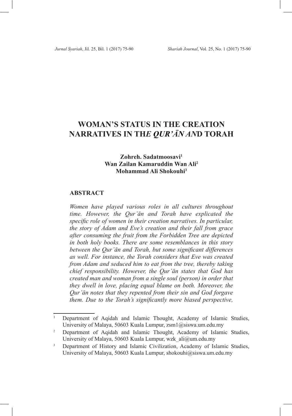 Woman's Status in the Creation Narratives in The