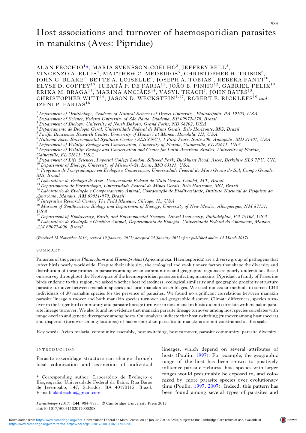 Host Associations and Turnover of Haemosporidian Parasites in Manakins (Aves: Pipridae)