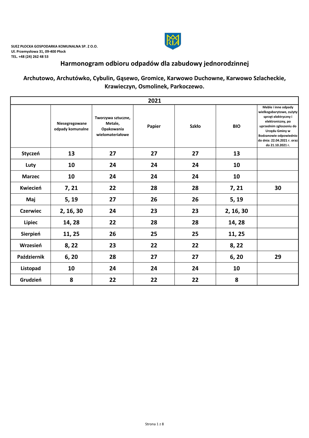 Harmonogram Odbioru Odpadów Dla Zabudowy Jednorodzinnej