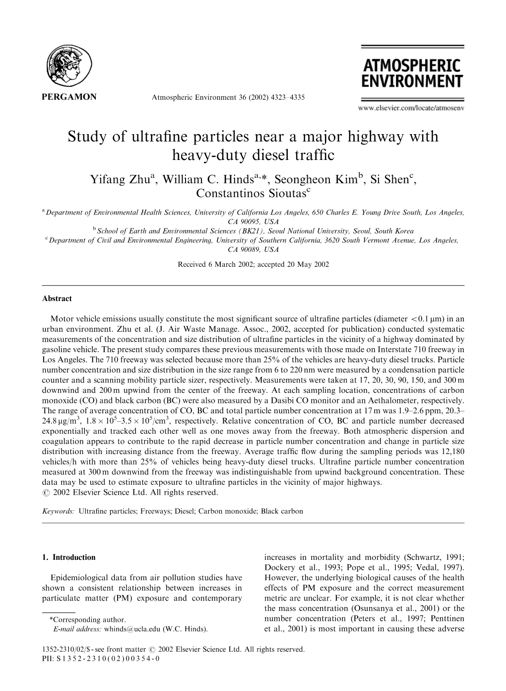 Study of Ultrafine Particles Near a Major Highway with Heavy-Duty Diesel Traffic